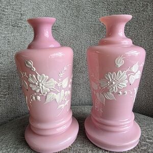 Antique Pink Opaline Raised Floral Hand Painted Glass Vase Set Of 2